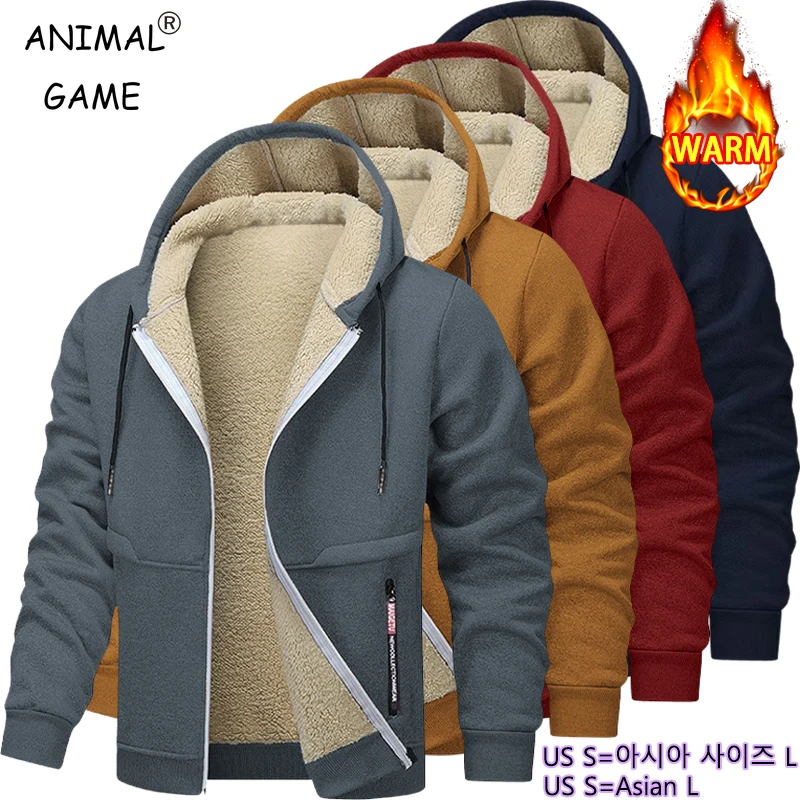 Animal Game Casual Hoodies for Men Heavyweight Fleece Sweatshirt Thick Sherpa Lined Hooded Zipper Jacket Thick Streetwear Coats