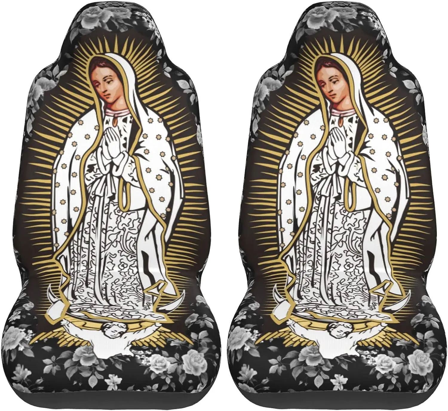 

Car Seat Covers Set of 2 Boho Car Accessories Virgin Mary Black Rose Car Seat Cover for Men Women Car Accessories Four Seasons