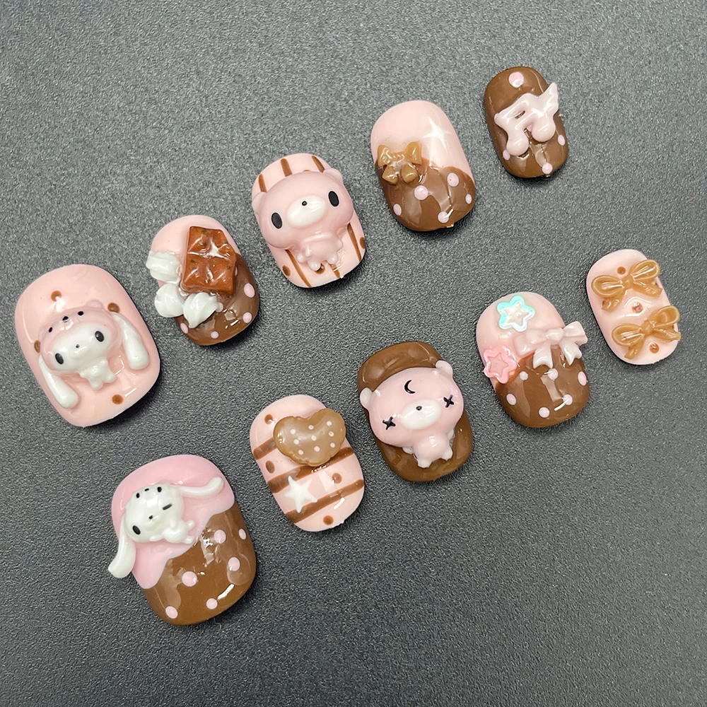 Kawaii Kaninchen-Bär Schokoladencreme Design Press-On Nägel Kurze Runde Form Niedliche Rosa Süße Keks 3D Puppen Cartoon Künstliche Nägel – Detail 4