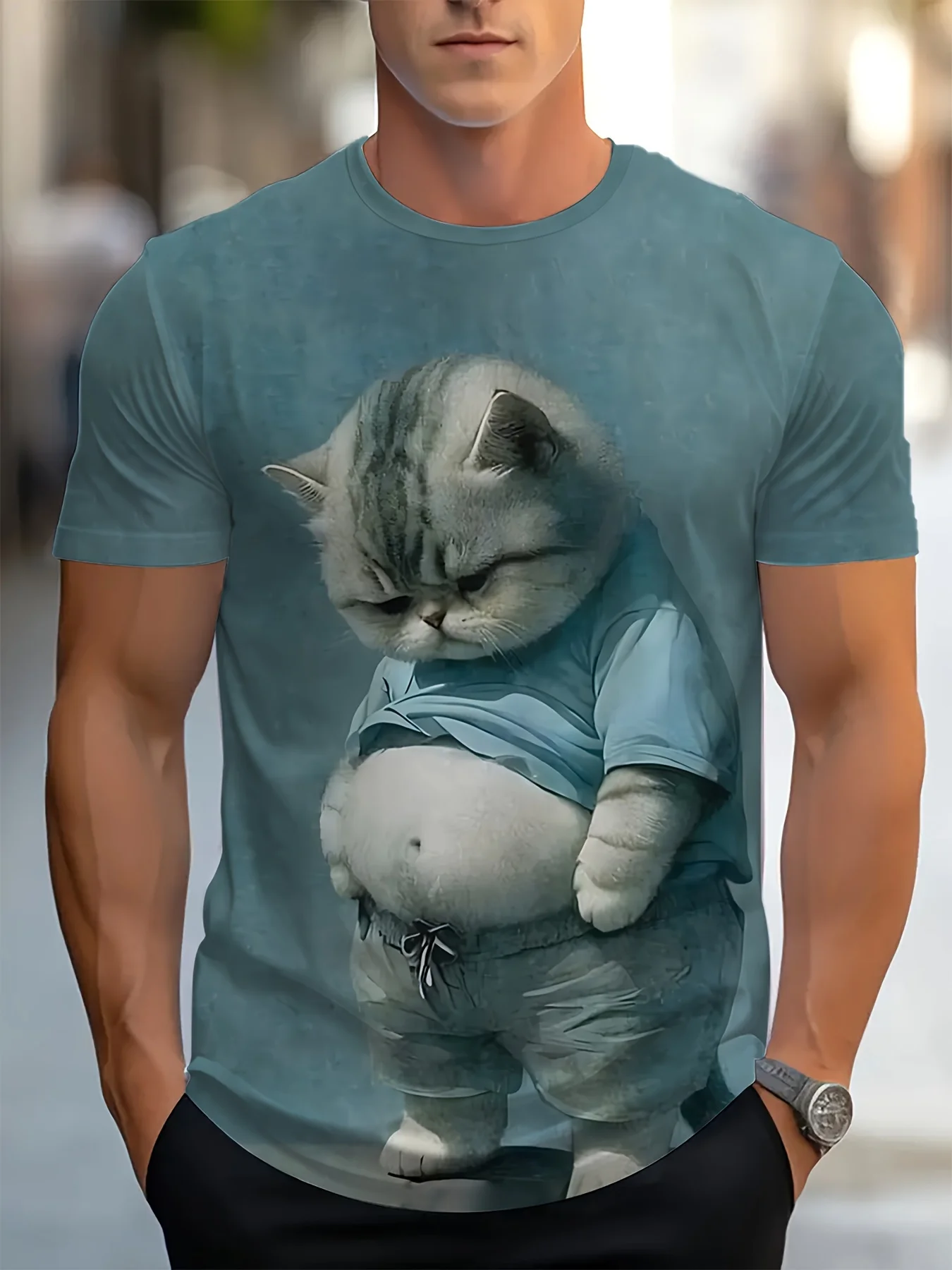 2026 Lustiges Dickes Katzen-T-Shirt mit Aufdruck, Kurzarm-T-Shirt, 3D-Druck, Modisches O-Neck-Shirt, Grün, Sommer, Frühling, Süße Kleidung, Bekleidung