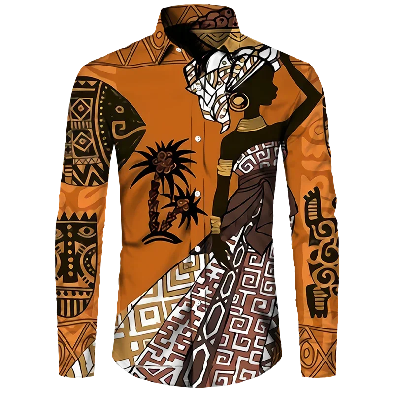 thumbnail image 1 of Camisas de manga larga con botones y estampado 3D de estilo étnico africano para hombres y mujeres, camisetas Dashiki folclóricas personalizadas, ropa vintage para parejas, 1 of 5