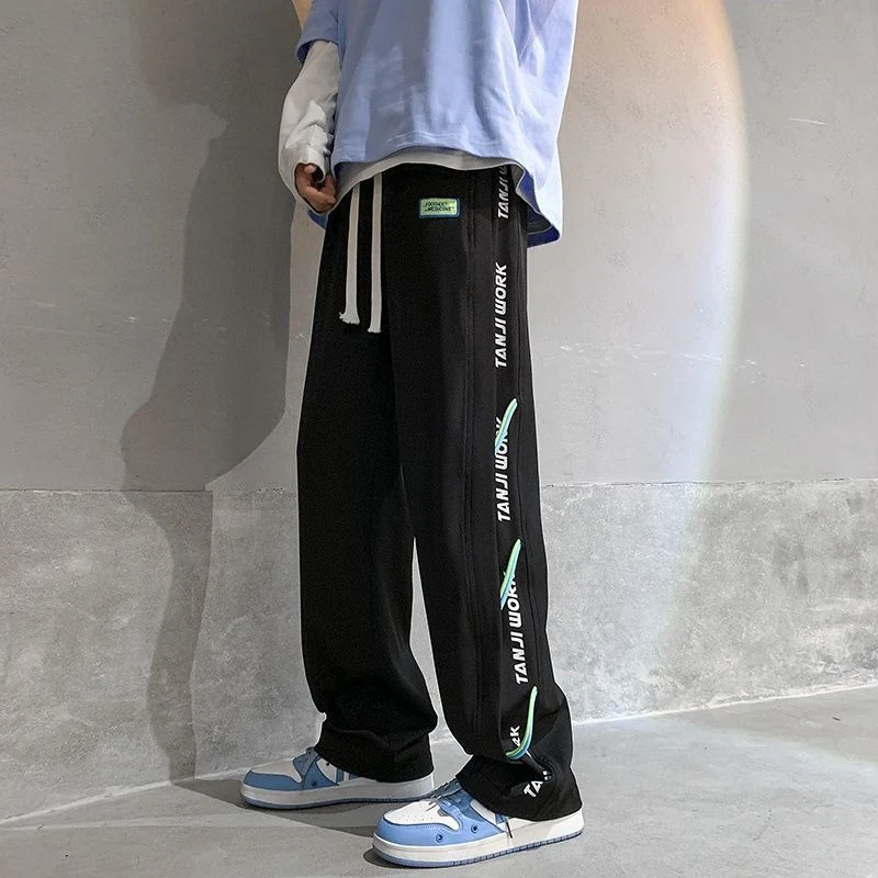 Summer Y2K Casual Letter Print Trousers Man Elastic Waist Loose Straight Pants Sweatpants All Match Fashion Streetwear Clothes