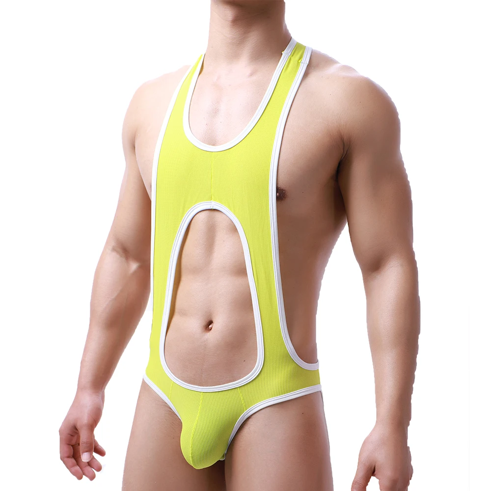 Men's Undershirts Leotard Jockstrap Mesh Breathable Bodysuits Open Butt Rompers Wrestling Singlet Underwear 2XL
