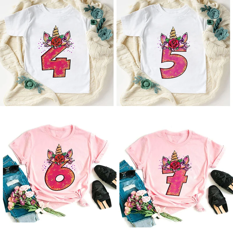 Unicorn Birthday Shirt 2-9 Birthday T-Shirt Wild Tee Girls Party T Shirt Unicorn Theme Clothes Kids Gifts Fashion Tops Tshirt