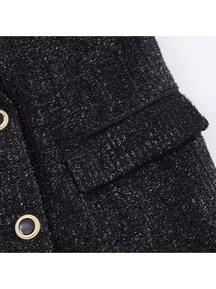 New Fashion Women Bright Silk Tweed Jacket Elegant Black Chic Double Breasted Long Blazer Spring Autumn OL Outerwears Top