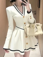 French Sle Knitted Dr Women's Autumn Winter New Pure Desire Sexy V-ne ort Skirt High Waist Elastic Knit Long Sve ...