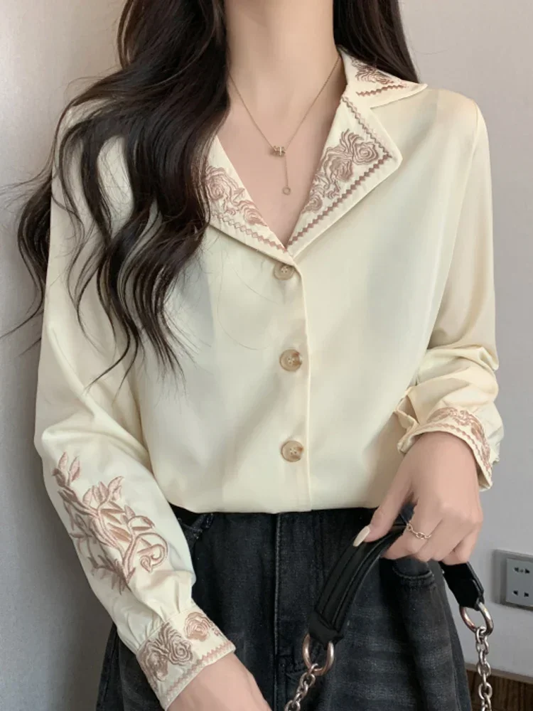

Женская блузка с длинным рукавом, Модная белая шифоновая блузка с вышивкой, модель V1494, 2024