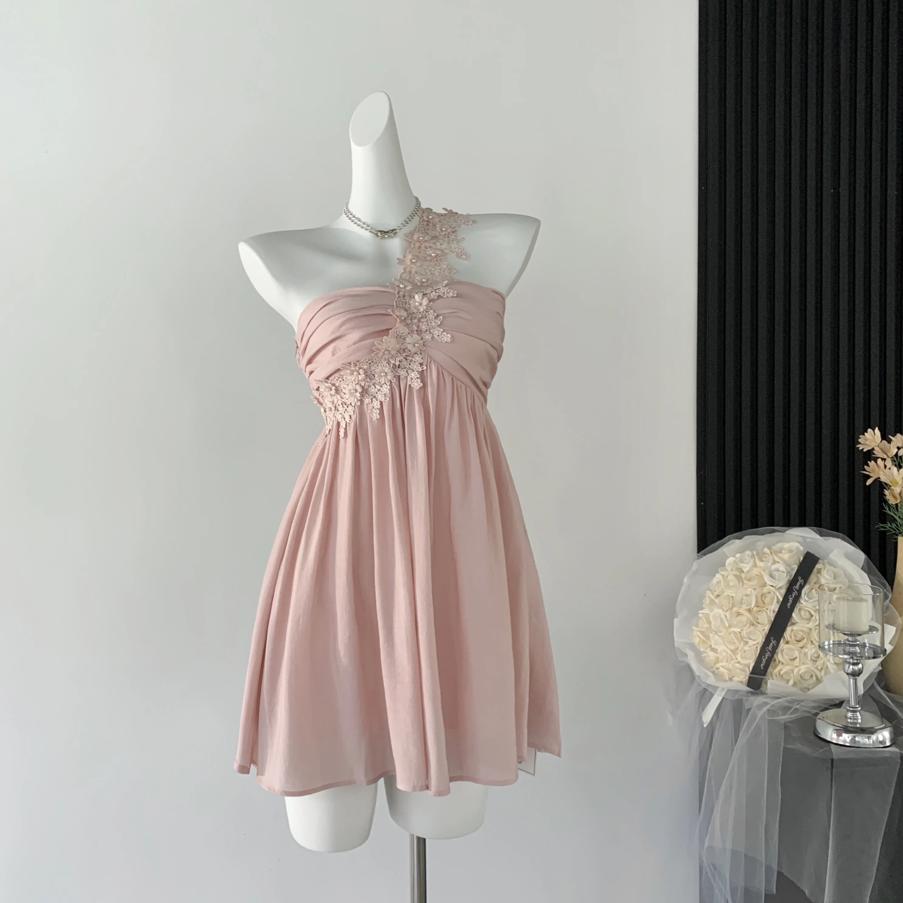 

Women's Lovely Inclined Shoulder Sleeveless A Line Mini Dress Lady Summer Elegant Sweet Pink Party Short Dress