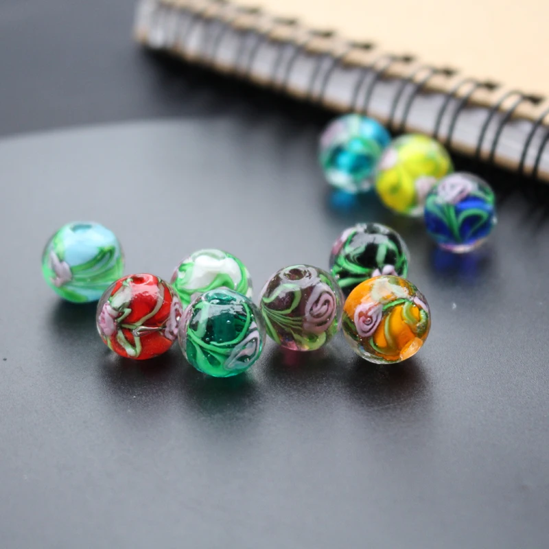 10Pcs 12mm Handmade Glass lampwork beads Flower with Green leaf