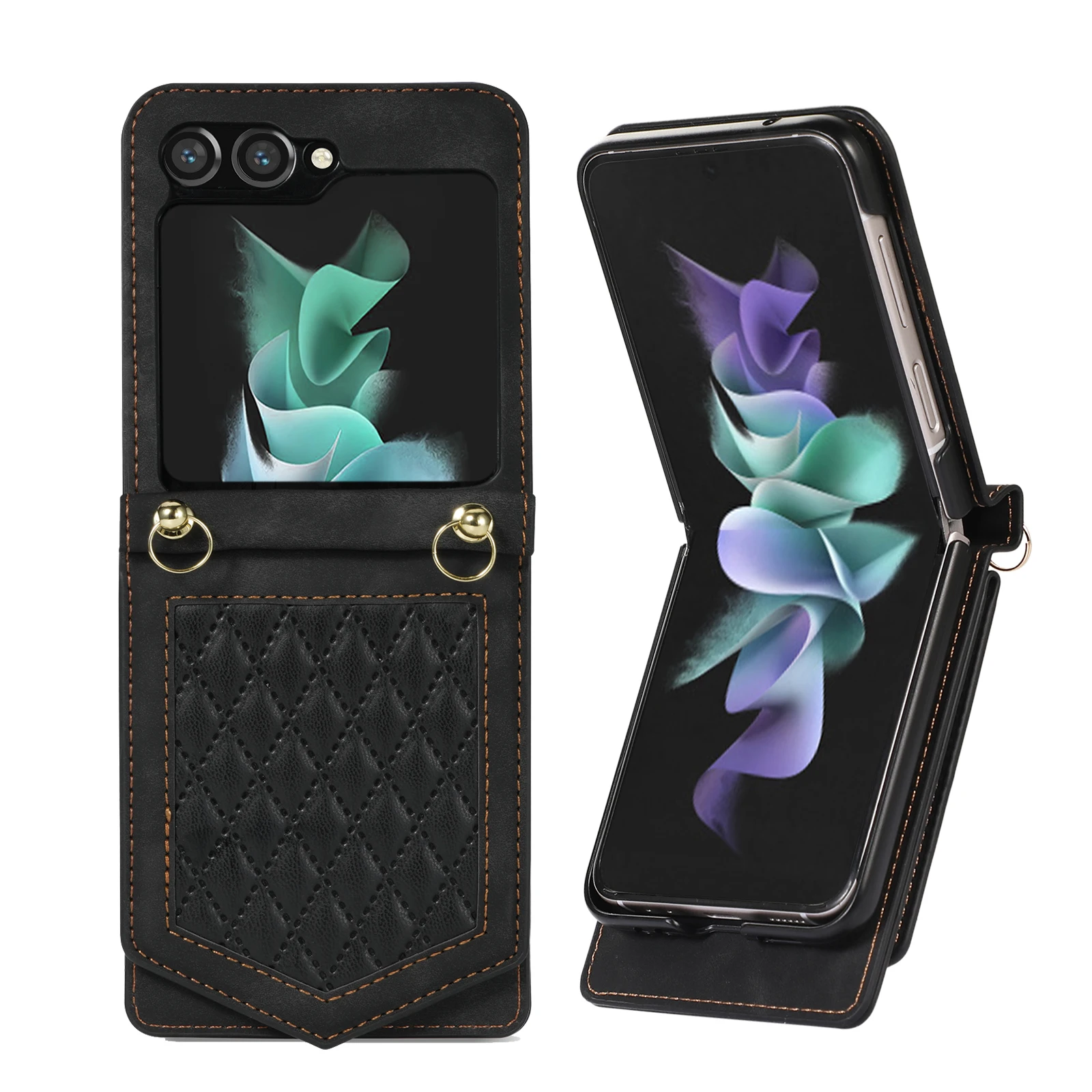 Portafoglio A Tracolla Custodia Per Telefono A Mano Per Samsung Galaxy Z Flip 5 Z Flip4 Z Flip3 Slot Per Schede Magnetiche In Pelle Diamond Flip Cover