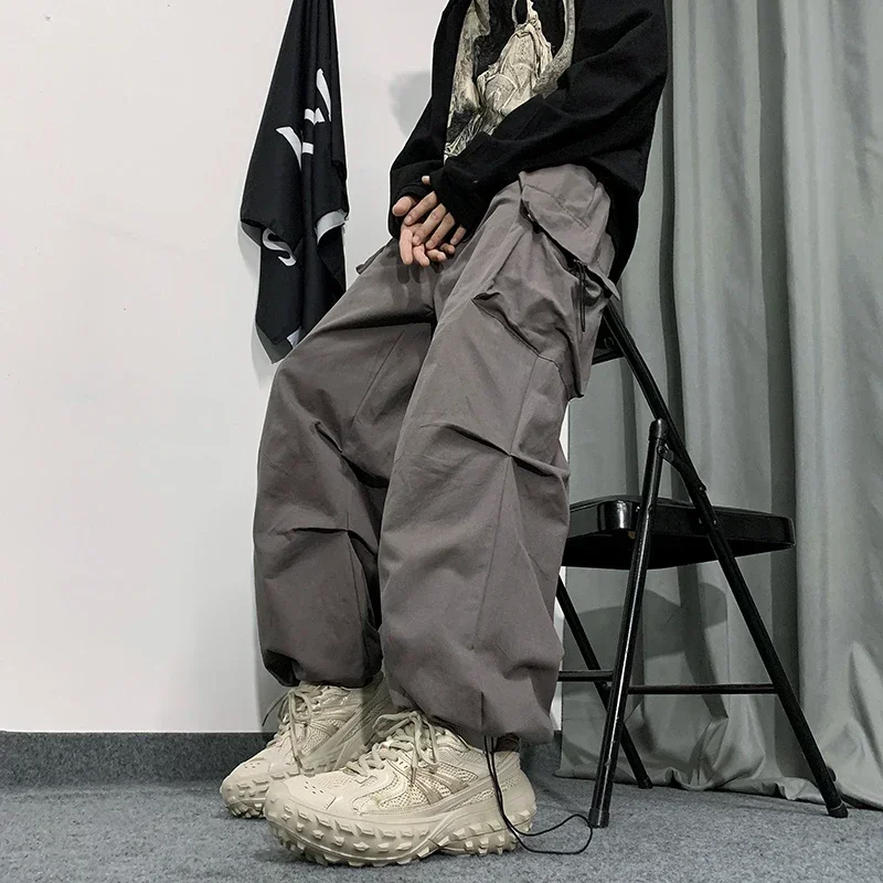 

Baggy Trousers Tracksuit Pants Casual Women Oversize Men Cargo Waist Fashion Elastic New Pocket Long Side Straight Solid