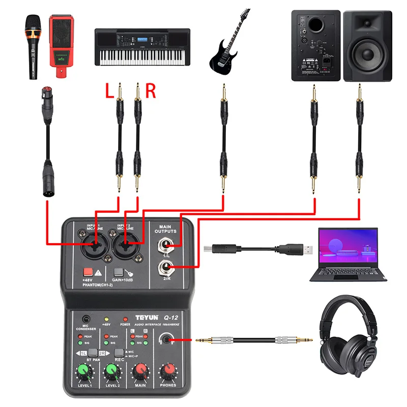 Professional Audio Interface Sound Card Computer Electric Guitar Live Recording Audio Equipment For Studio Singing Q12 audio interface