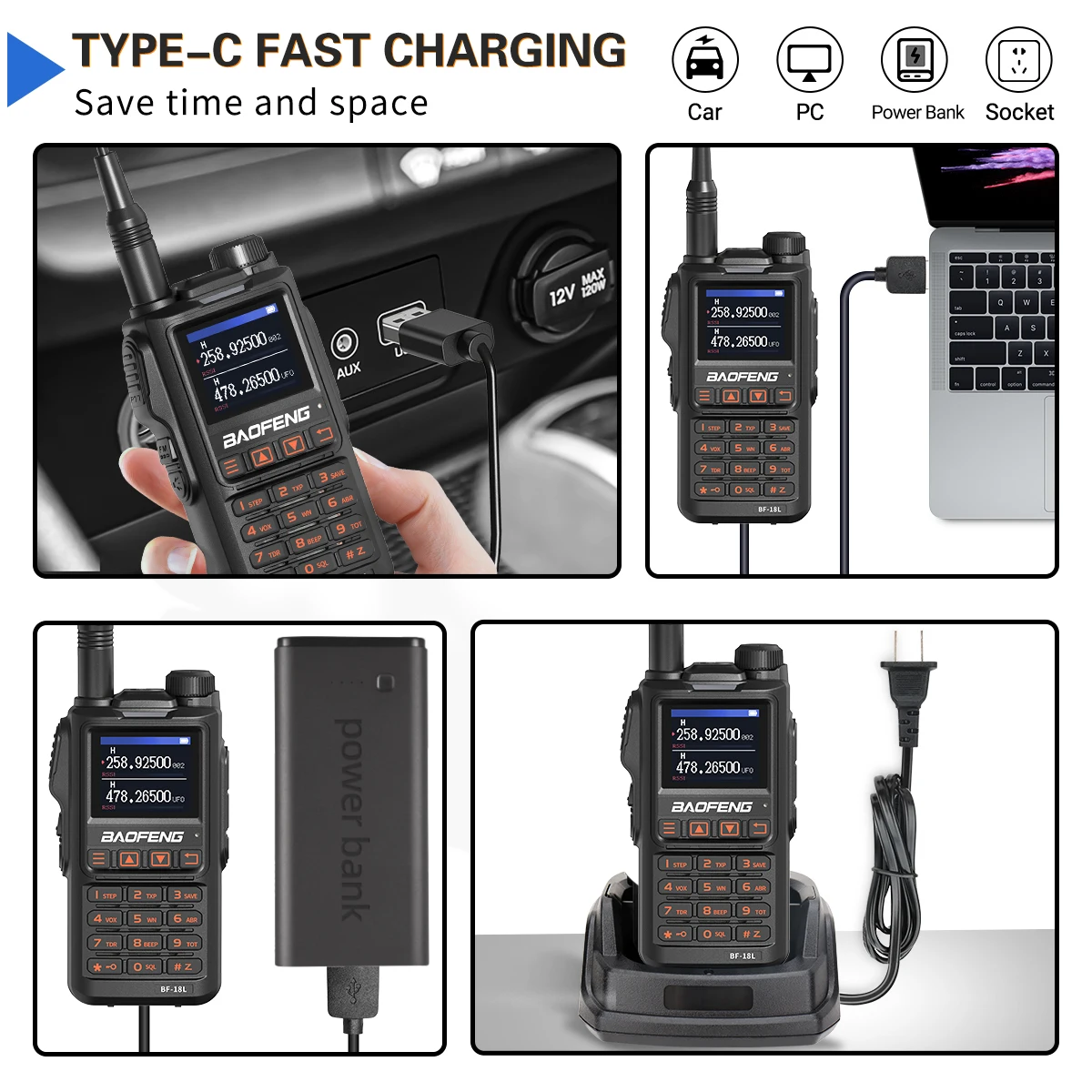 Baofeng BF-18L Walkie Talkie Tri Band Wireless Copy Frequency 999CH NOAA Long Range Type-C VHF UHF Portable Ham Two Way Radio 4