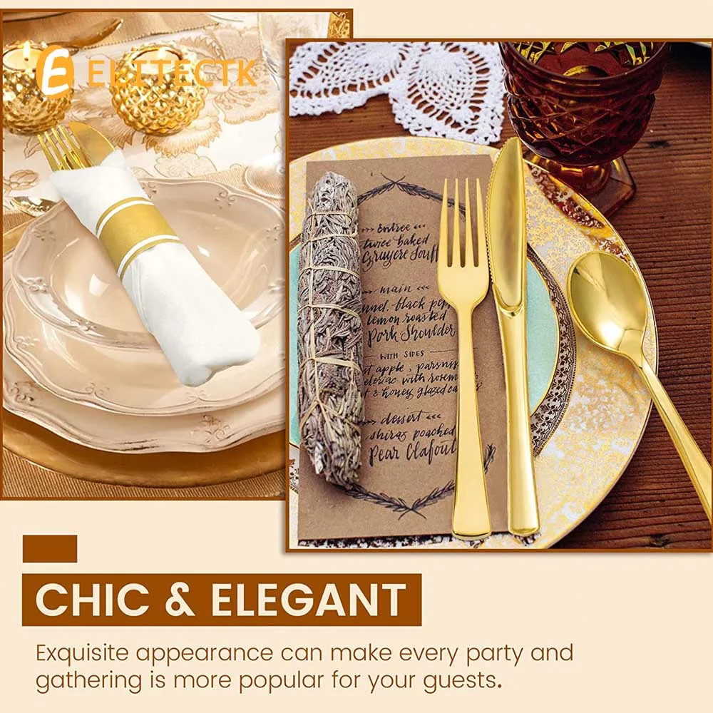 40 Pieces of Pre-Rolled Golden Plastic Silverware Disposable Cutlery and Napkin Suitable for 10 People Dinner Party Wedding