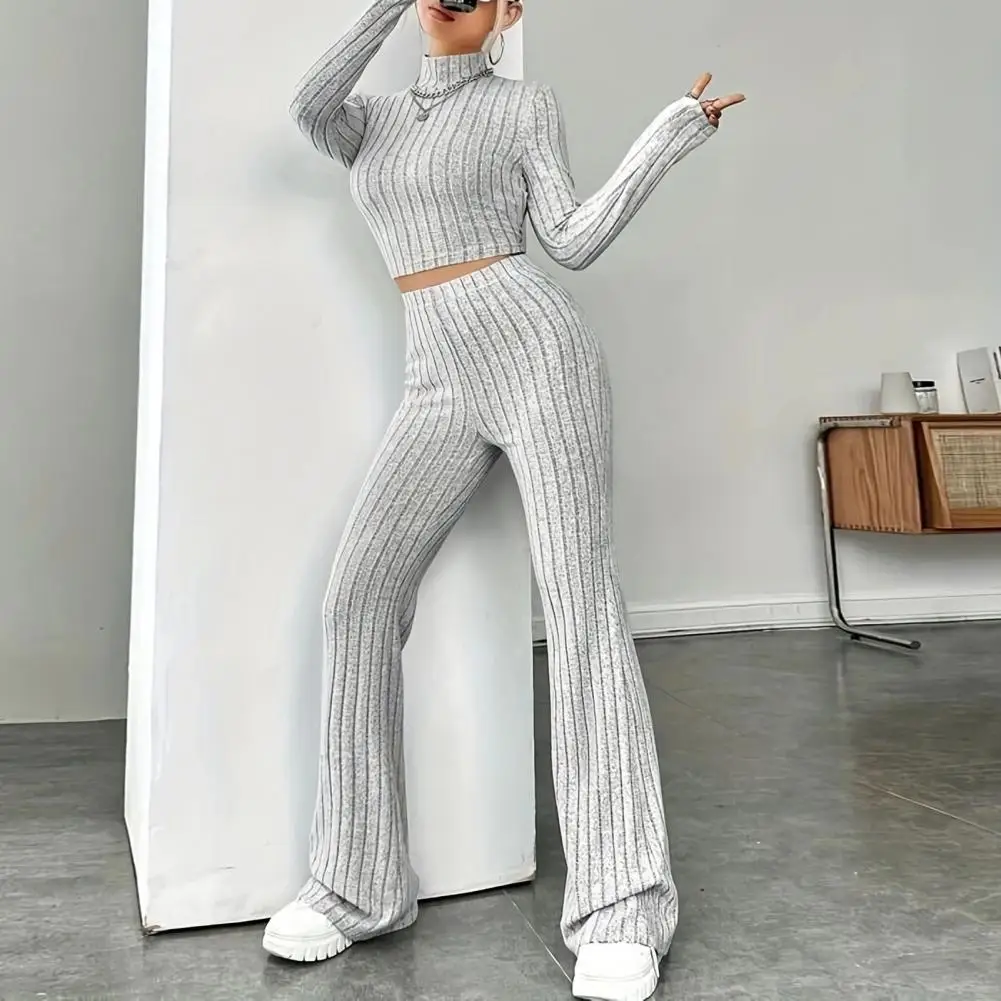 Slim Fit Women Suit Elegant Knitted Winter Outfit Turtleneck Cropped Top High Waist Flared Pants Women's Slim Fit Ribbed Sweater