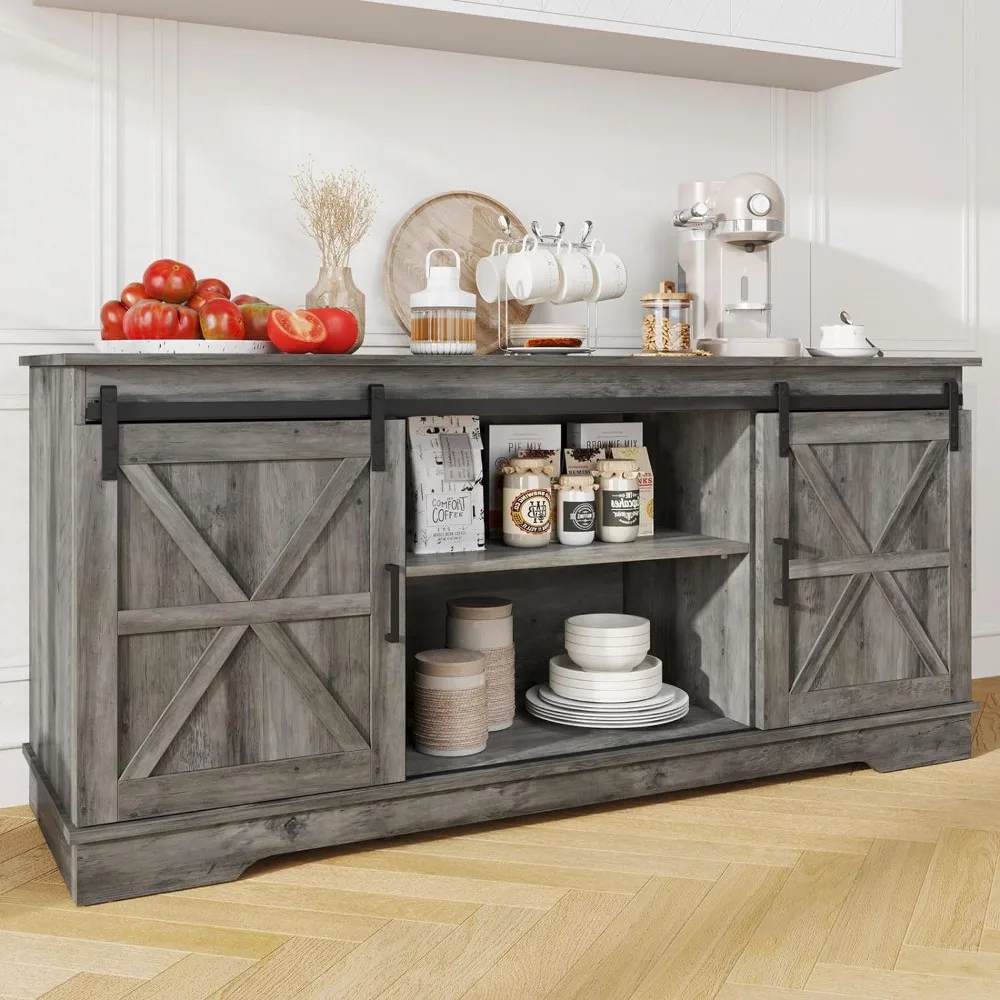 

Kitchen Buffet Cabinet 60“ Farmhouse Sliding Barn Door Coffee Bar Sideboard Buffet Cabinet With Capacity 300 Lbs Furniture Home