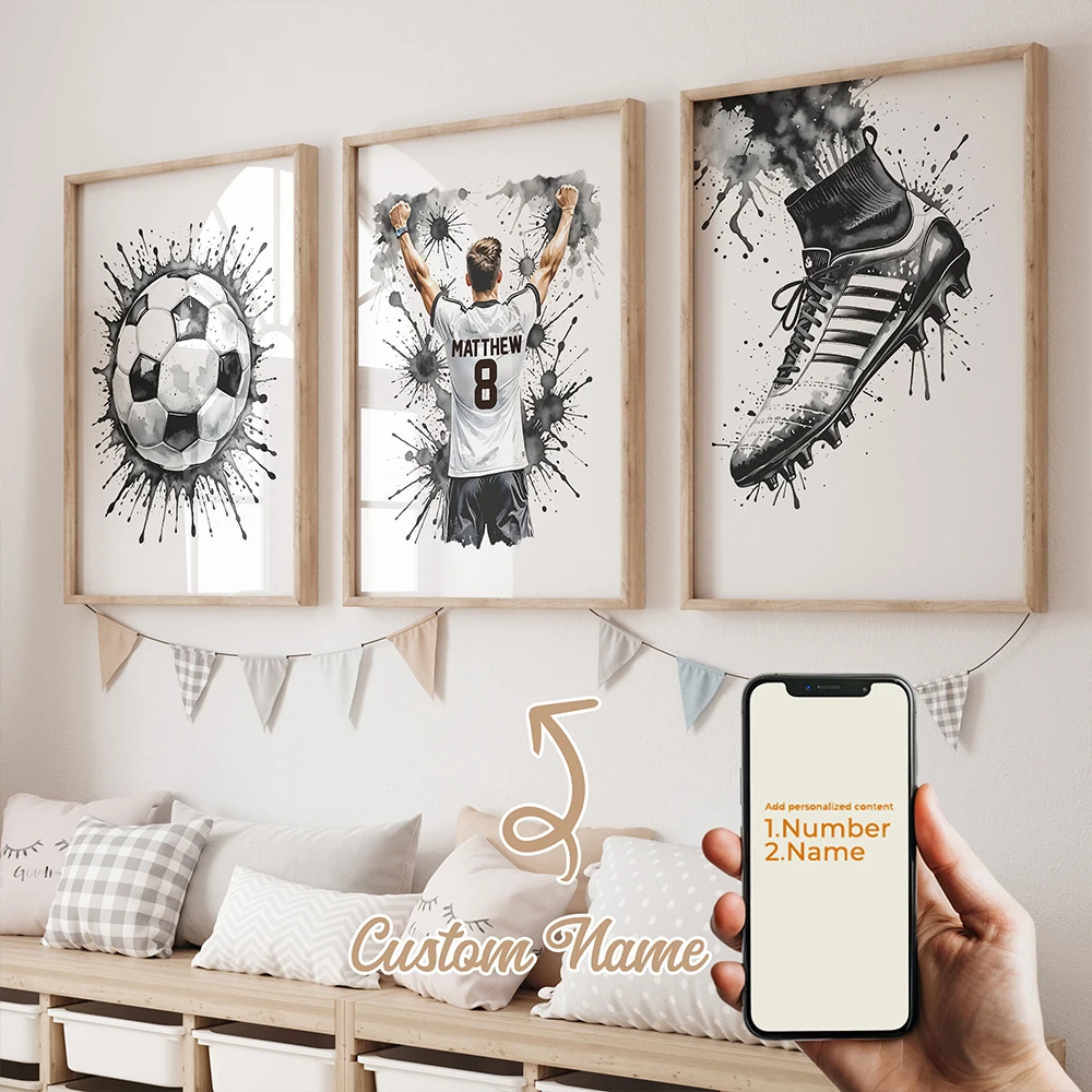 3pcs Personalized Custom Name Cartoon Child Football Wall Art Print Picture Canvas Poster Painting For Living Room Home Decor 2