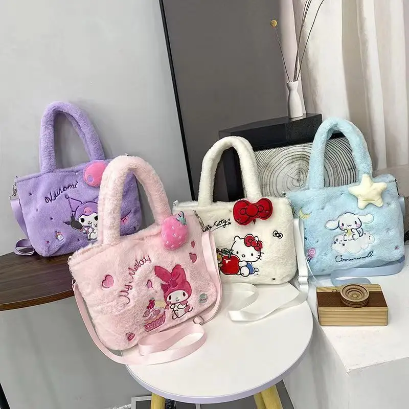 Sanrio Plush Bag Kawaii Cinnamoroll Handbag Tote Plushie Shoulder Messenger Bags Kuromi Hello Kitty Stuffed Makeup Backpack Gift 2 4pcs deepeel 28 30cm natural bamboo handles handbag woven bag diy handmade craft round handle bags wooden closure accessories