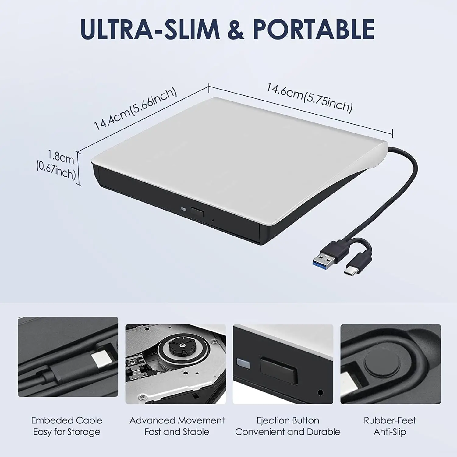 DVD Drive USB3.0 Type-c External CD RW Burner Portable Player Reader For Laptop PC Windows11 10 Mac Linux OS