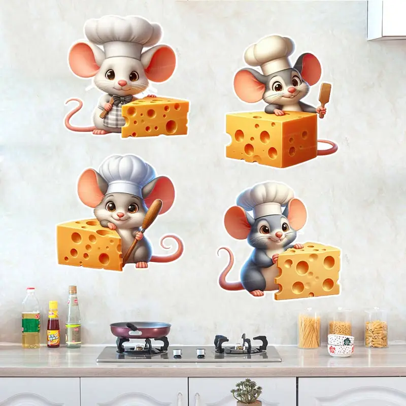 Little Mouse with Giant Cheese Wall Stickers Kitchen Decoration Dining Room Living Room Cabinet Refrigerator Home Decal wall stickers,wall sticker