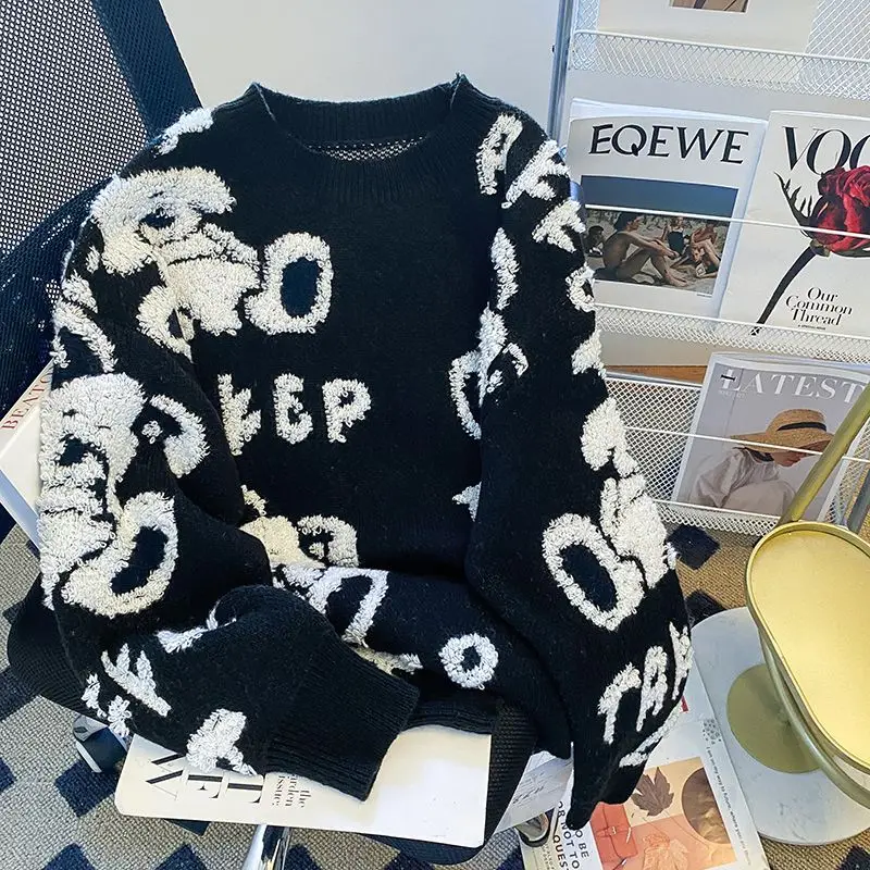 

Autumn Winter Women Casual Loose O-neck Cartoon Pullover All-matched Long Sleeve Sweater Vintage Rabbit Embroidered Sweaters men
