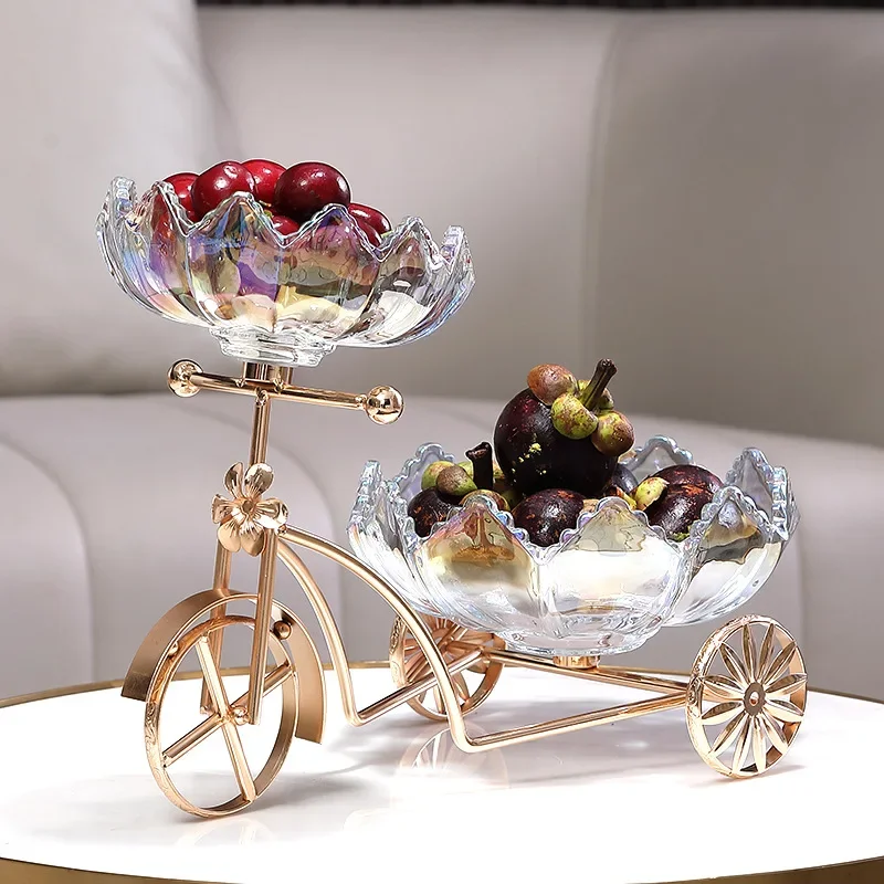 

Decorative Snack and Dessert Plate Bicycle-inspired Crystal Glass Tray for Fruit Snacks Metal-framed Serving Tray for Home Decor