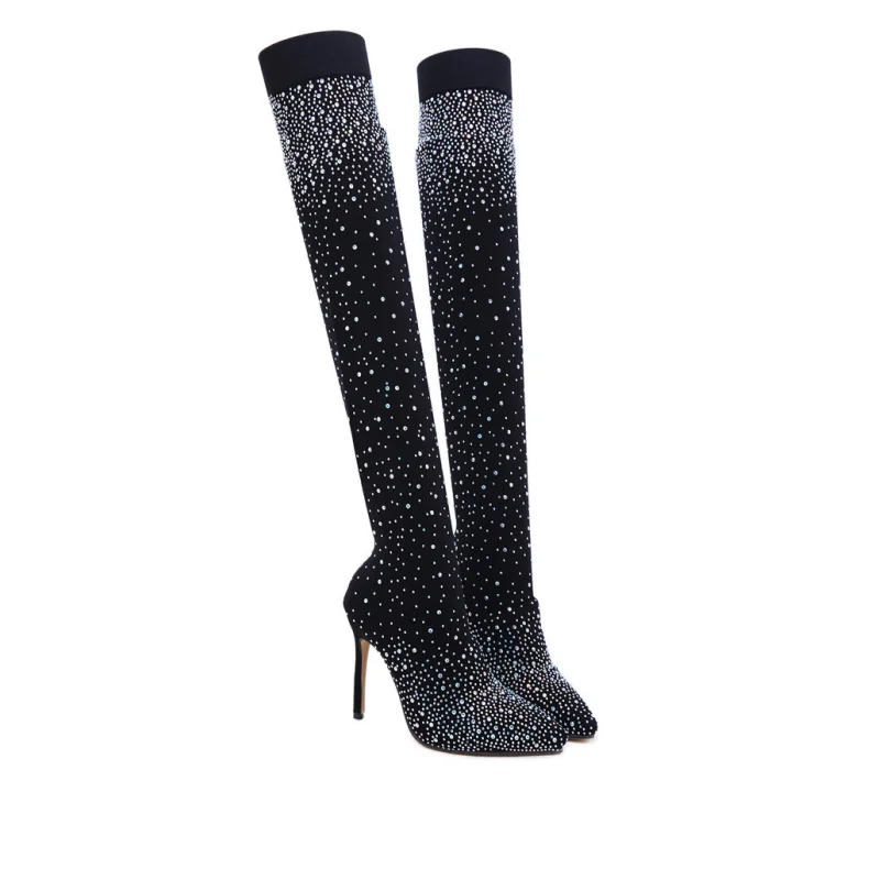 Womens Sparkly Faux Diamonds Over Knee Boots Knee-high Boots for Women Design Crystal Pointed Toe Stiletto Striptease High Heel