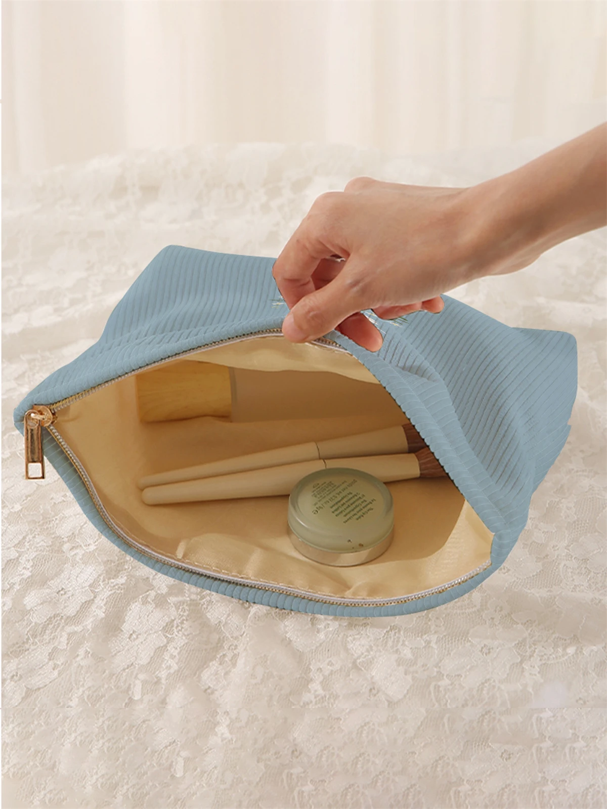 1pc duck pattern printed corduroy makeup bag, lightweight zipper makeup storage box, multifunctional bag with lining