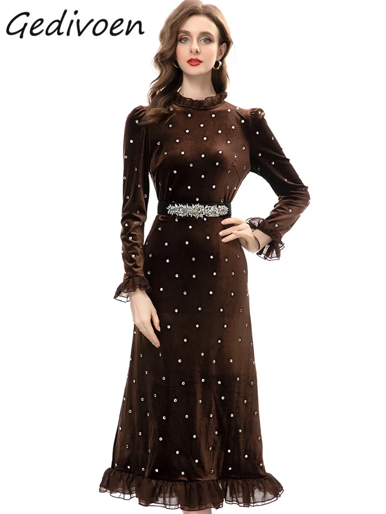 

Осеннее модное дизайнерское коричневое винтажное платье Gedivoen, женское облегающее длинное платье с круглым вырезом и оборками, со стразами и присборенной талией