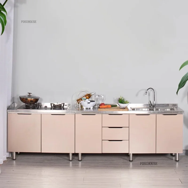 Modern Assembled Kitchen Cabinets for Rental House Economical Stainless Steel Kitchen Island Storage Cabinets Furniture