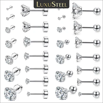 LUXUSTEEL 스테인리스 스틸 라운드 큐빅 지르코니아 이어 피어싱, CZ 샤이니 2023 실버 컬러 스터드 귀걸이, 바디 쥬얼리