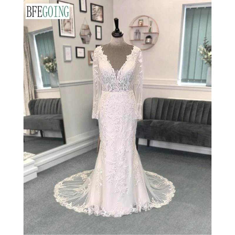 

Ivory Lace Appliques Tulle Long Sleeves Mermaid/Trumpet Wedding Dresses Chapel Train Custom Made Floor-Length Bridal Gowns