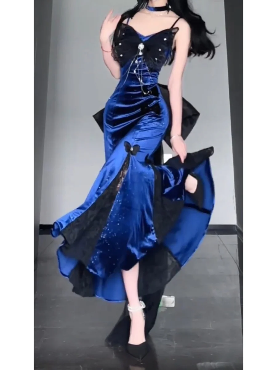 

Elegant Socialite Bow Mid-length Blue Dress for Women Party 2024 Summer New Advanced Slim-Fit Figure Flattering Hip Long Dresses
