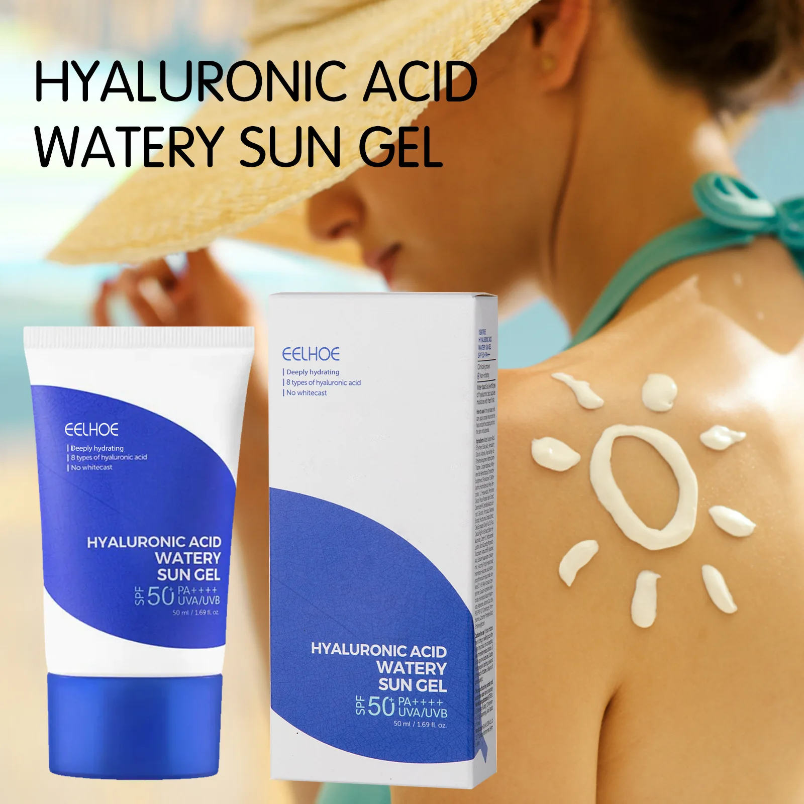 50ml Hyaluronic Acid Moisturizing Watery Sun Gel SPF50+ Protective Gel Hydrating Protective Gel Women Body Face Sunscreen Cream