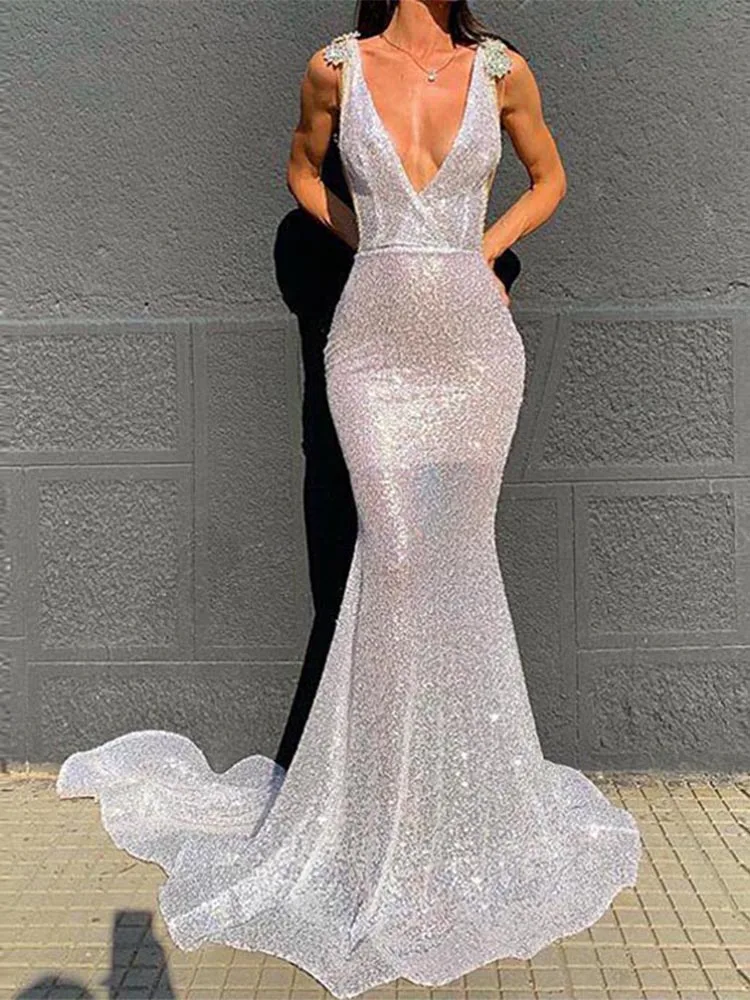 2022 Sexy Mermaid Prom Dress Deep V Neck White Sparkly Sequins Gown