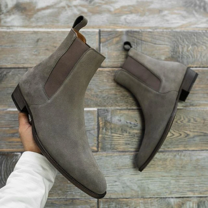 Men Chelsea Boots Business Flock Round Toe Slip-On Size 38-48