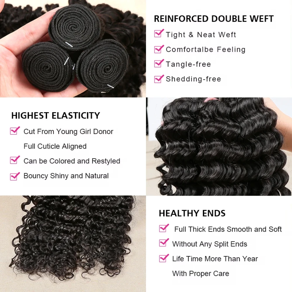 40Inches Deep Wave Hair Bundles Natural Black Colored 1/3/4 Pcs Long Human Hair Extensions Remy Brazilian Hair Bundles For Women 5
