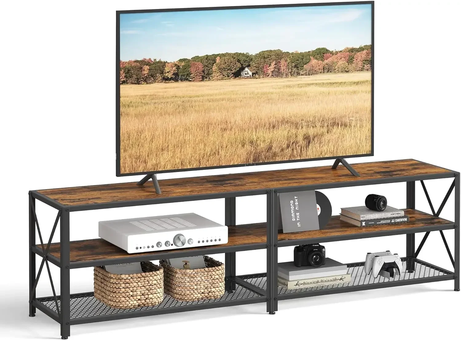 

Подставка, консоль для стола до 75 дюймов, ширина 70,1 дюйма, ТВ-шкаф с полками для хранения, стальная рама,