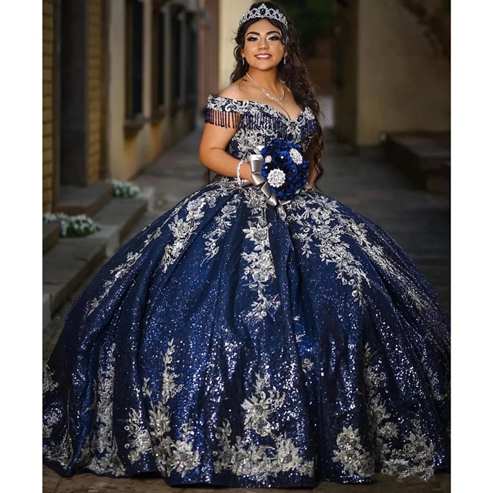 

Newest Dark Navy Quinceanera Dresses For Sweet 16 Princess Gown Beading Sequined Birthday Party Prom Dresses Vestido De 15 Anos