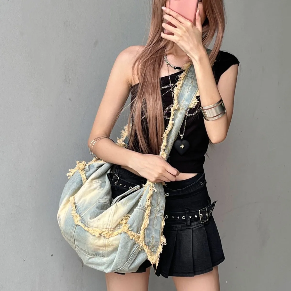 Women Shoulder Bag Large Capacity Denim Tote Solid Color Handbag Clutch Simple Female Commuter Handbag Crossbody Bag