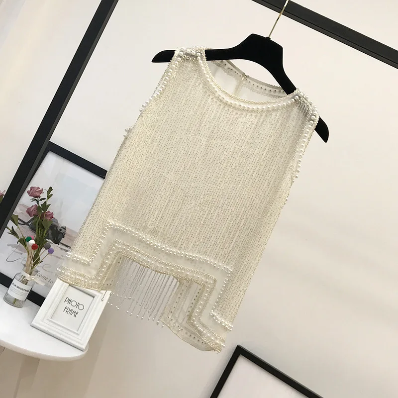 

Fashion Beading Tank Tops Women O-neck Pearl Tassels Irregular Hem Sexy Mesh Vest Office Lady Loose Waistcoat