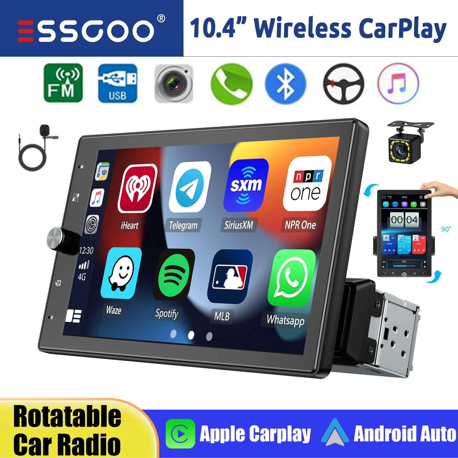 ESSGOO Autorradio Universal 10.4 Pulgadas Pantalla IPS Táctil Giratoria CarPlay Inalámbrico Android Auto Radio Coche Simple 1 DIN USB FM Bluetooth AUX TF Mirror Link 1
