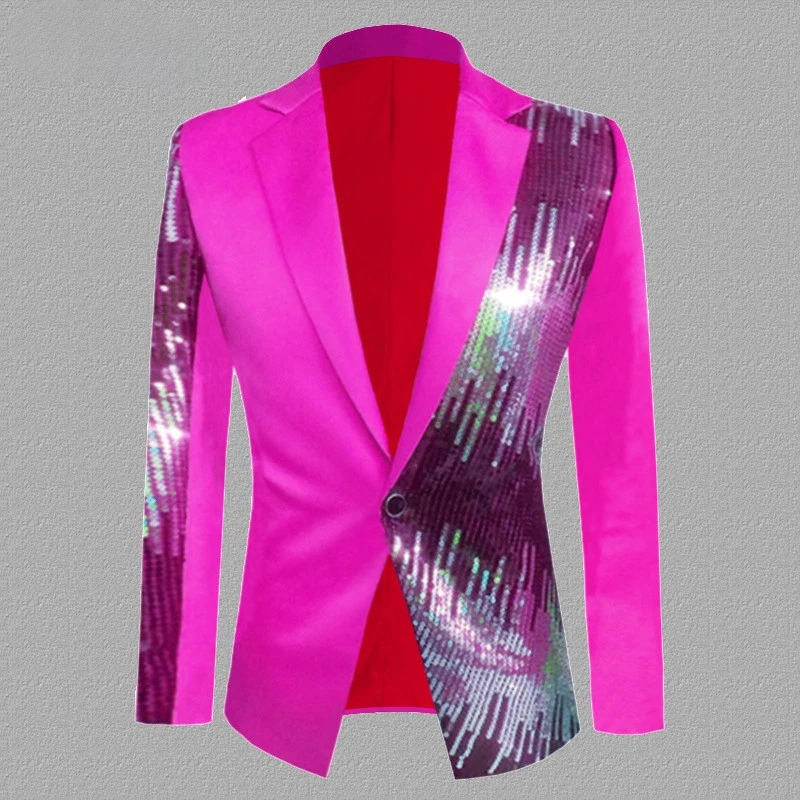 Fashion Men's Sequin Suit Jacket Blue Red Stage Party Dance Singer Nightclub Costume Top Slim Fit Performance Dress Blazer Coat