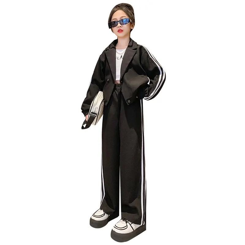 

Costume for Children 2023 Spring Casual Black Khaki Blazer Pants 2PCS Girls Suit Fashion Striped Teenage School Kids Clothes Set