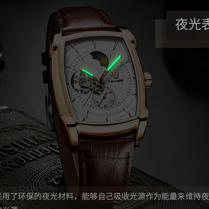 Top Brand Luxury Mens Watches Tonneau Automatic Watch for Men Tourbillon Clock Genuine Leather Waterproof Mechanical Watch Man