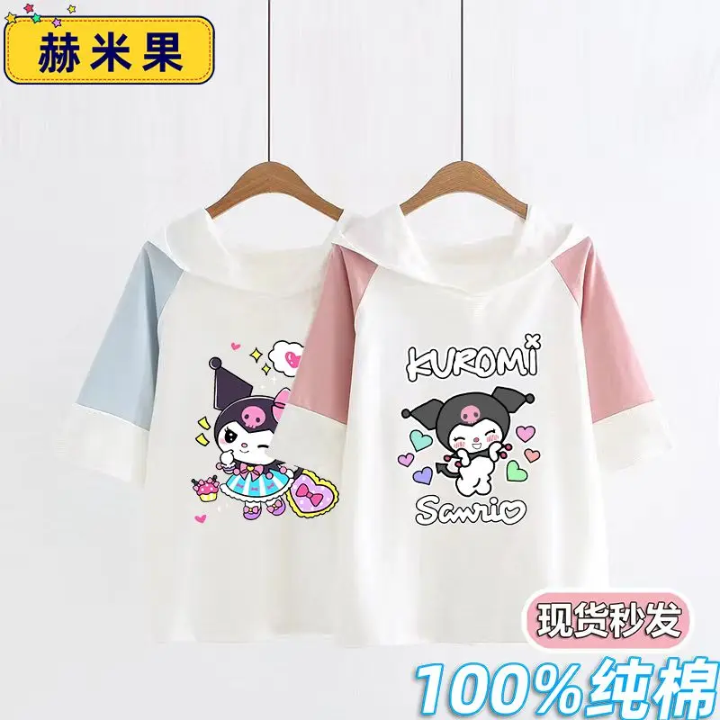 

2024 Kuromi Girls Short Sleeve Kawaii Sanrioed Anime Children T-Shirt Summer Sweet Cute Cartoon Hooded Tops Tide Gift for Kids