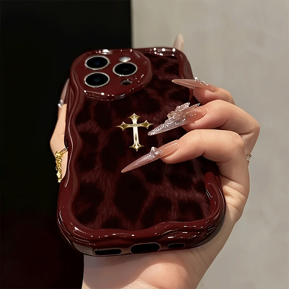 Shockproof Soft Cream Wavy Leopard Fur Metallic Cross Phone Case