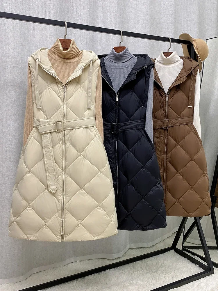 

Women White Duck Down Vest Winter Slim Sleeveless Puffer Jacket Female Hooded Zipper Long Coat Down Parkas Outwear