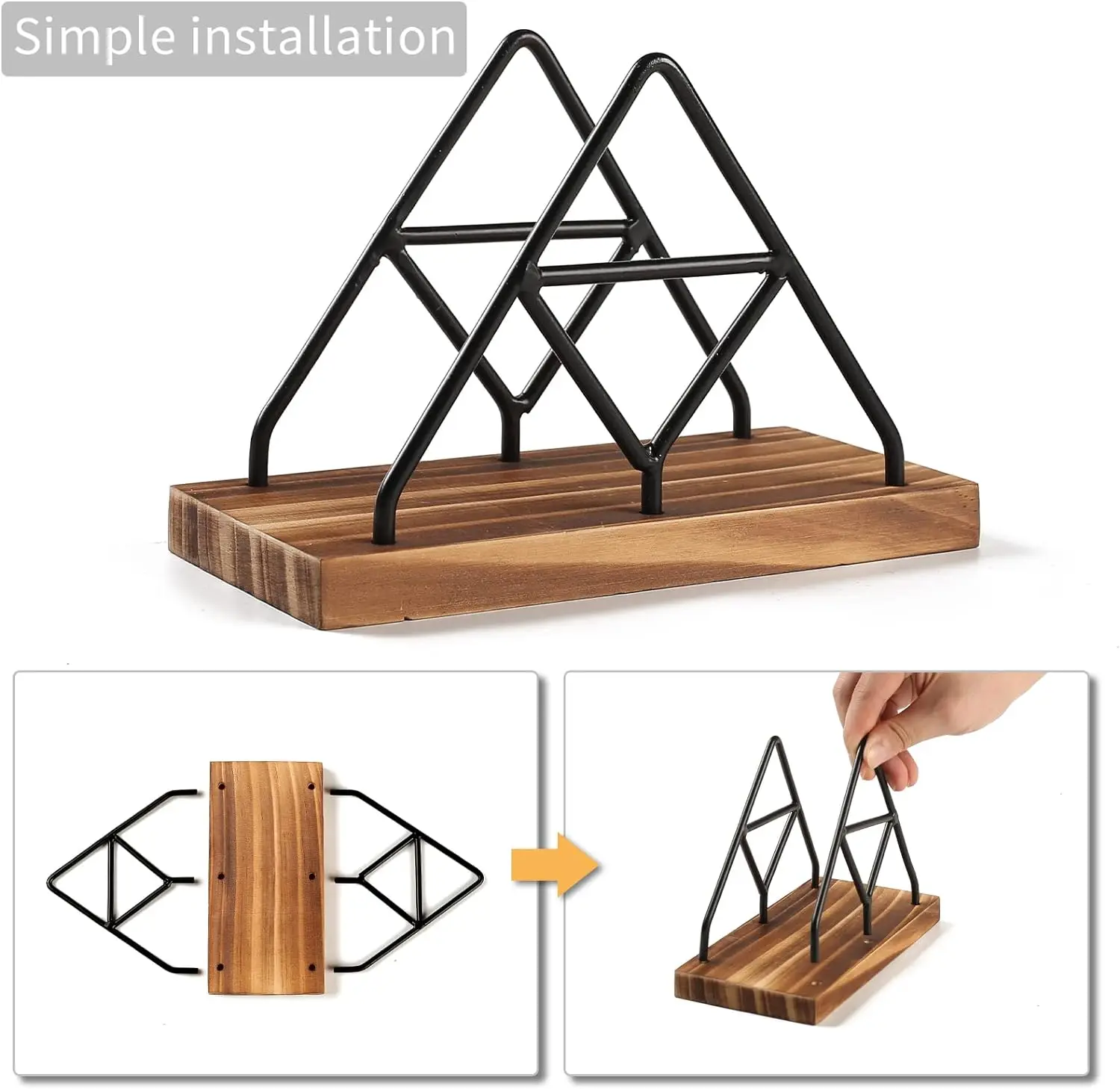 Wooden Napkin Storage, Black Tabletop Napkin Holder With Metal Wire, Suitable For Indoor Outdoor Home Dining Kitchen Decoration 2