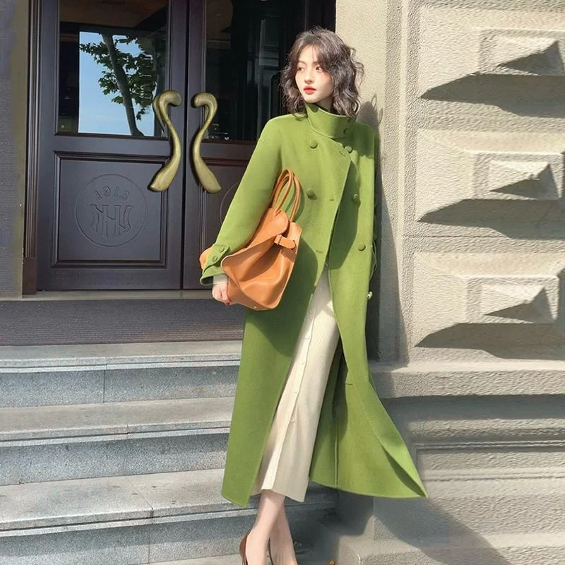 2023 Autumn Winter New Fashion Hepburn Style Mid length Women's High end Temperament Pink Green Loose Korean Edition Woolen Coat